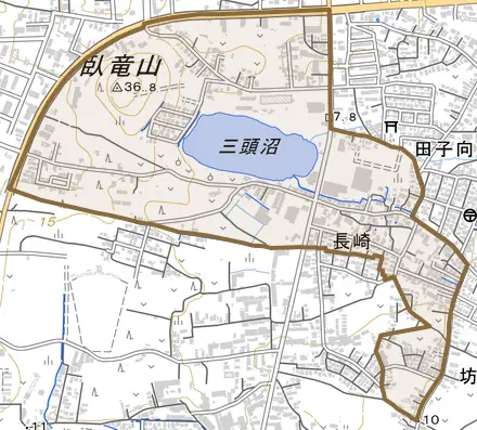 字長崎とその周辺の地図。町の範囲を重ねている