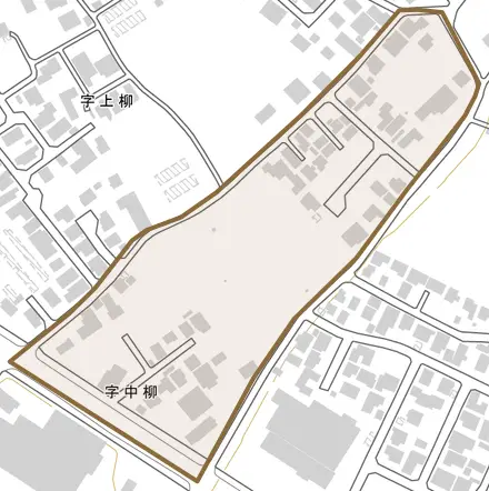 字中柳とその周辺の地図。町の範囲を重ねている
