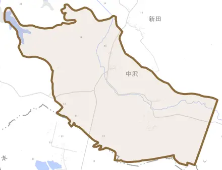 中沢とその周辺の地図。町の範囲を重ねている