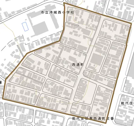 西通町とその周辺の地図。町の範囲を重ねている