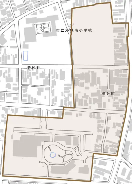 追分町とその周辺の地図。町の範囲を重ねている