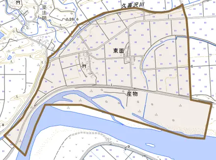 字大曲とその周辺の地図。町の範囲を重ねている