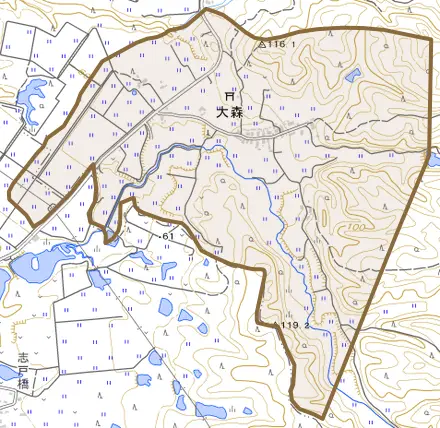 大森とその周辺の地図。町の範囲を重ねている