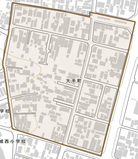大手町とその周辺の地図。町の範囲を重ねている