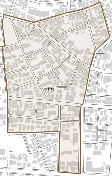 栄町とその周辺の地図。町の範囲を重ねている