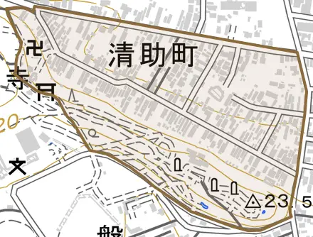 清助町とその周辺の地図。町の範囲を重ねている