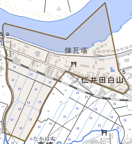 字下悪戸とその周辺の地図。町の範囲を重ねている