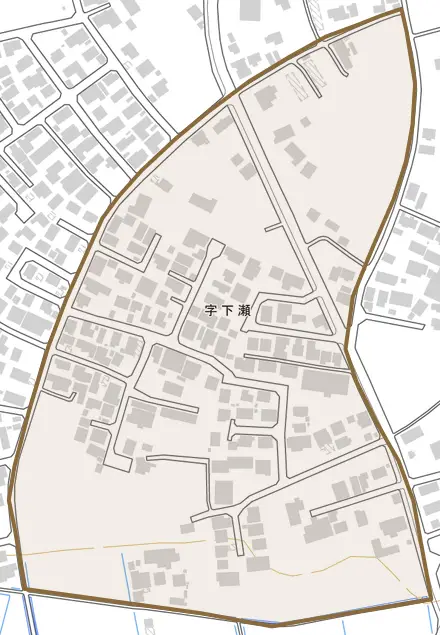 字下瀬とその周辺の地図。町の範囲を重ねている