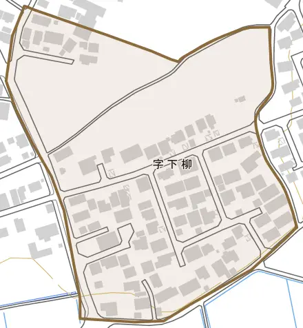字下柳とその周辺の地図。町の範囲を重ねている
