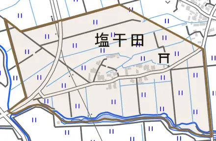 字塩干田とその周辺の地図。町の範囲を重ねている