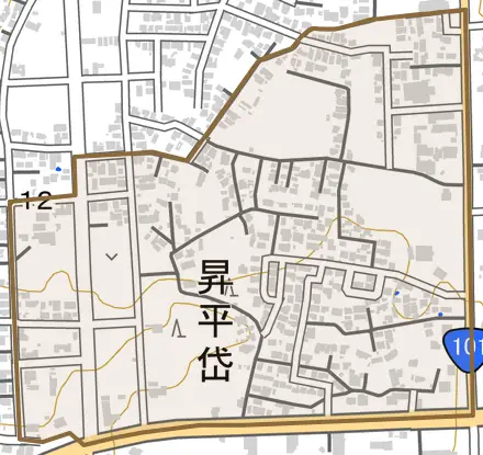 字昇平岱とその周辺の地図。町の範囲を重ねている