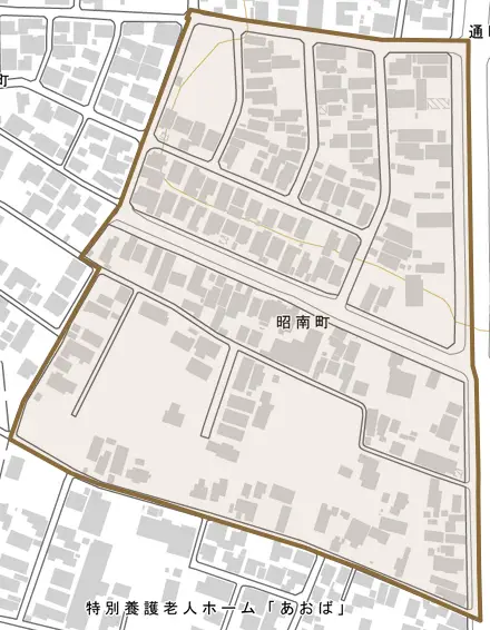 昭南町とその周辺の地図。町の範囲を重ねている