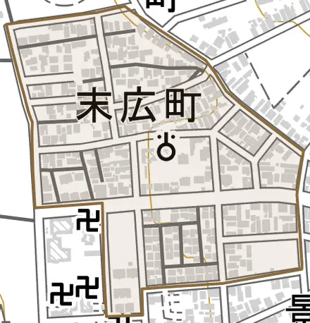 末広町とその周辺の地図。町の範囲を重ねている