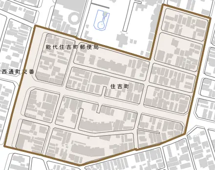 住吉町とその周辺の地図。町の範囲を重ねている