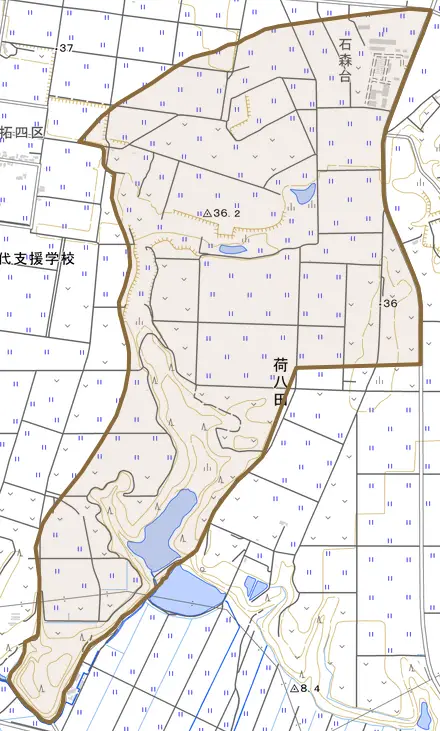 字塞ノ神とその周辺の地図。町の範囲を重ねている