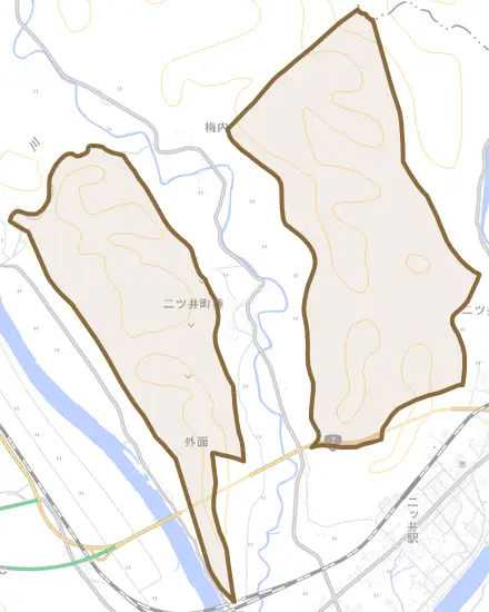 二ツ井町種とその周辺の地図。町の範囲を重ねている