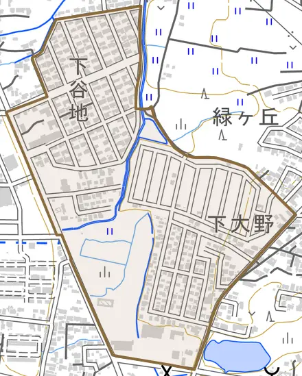 字下谷地とその周辺の地図。町の範囲を重ねている