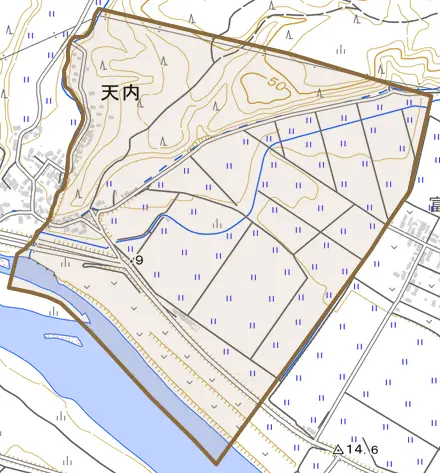 字新山林とその周辺の地図。町の範囲を重ねている