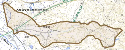 田床内とその周辺の地図。町の範囲を重ねている