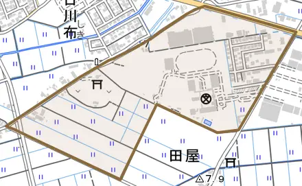 字高塙とその周辺の地図。町の範囲を重ねている