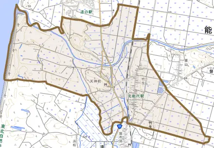 竹生とその周辺の地図。町の範囲を重ねている