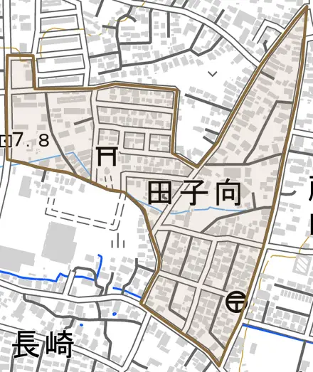 字田子向とその周辺の地図。町の範囲を重ねている