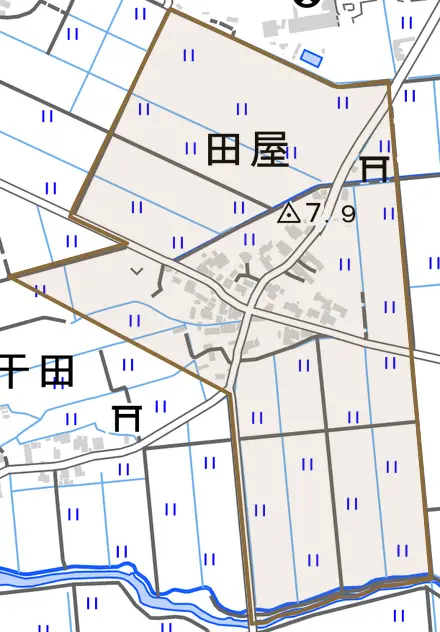 字田屋とその周辺の地図。町の範囲を重ねている