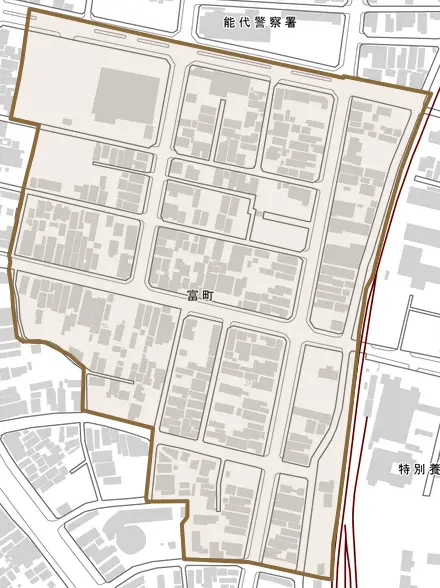 富町とその周辺の地図。町の範囲を重ねている