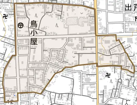 字鳥小屋とその周辺の地図。町の範囲を重ねている