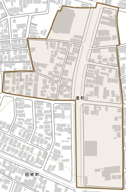 通町とその周辺の地図。町の範囲を重ねている