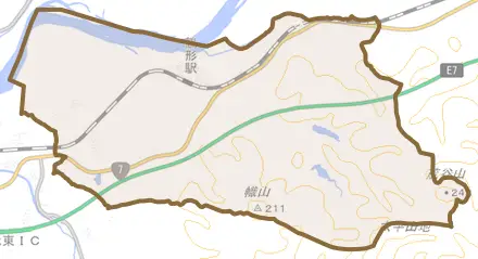 字鶴形とその周辺の地図。町の範囲を重ねている