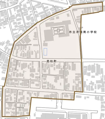 若松町とその周辺の地図。町の範囲を重ねている