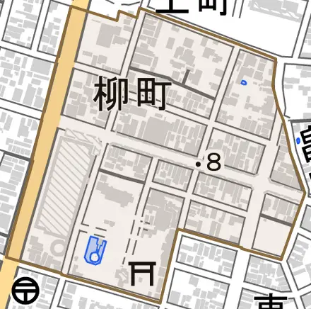柳町とその周辺の地図。町の範囲を重ねている