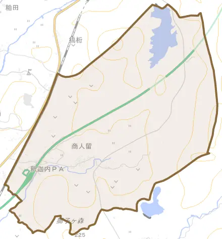 商人留とその周辺の地図。町の範囲を重ねている
