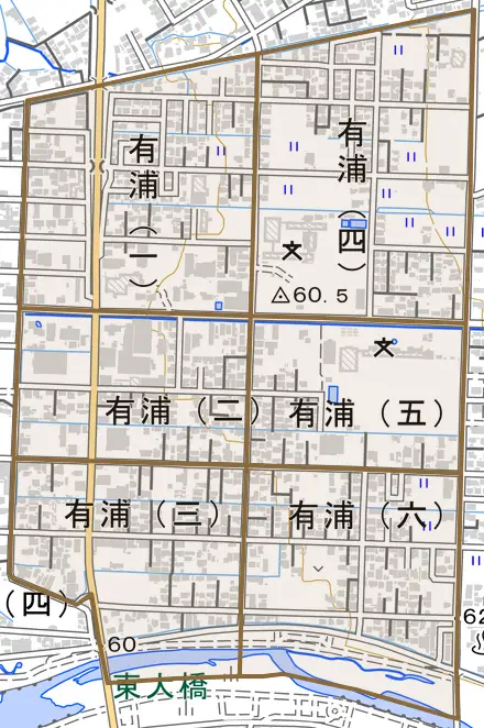 有浦とその周辺の地図。町の範囲を重ねている