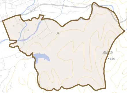 東とその周辺の地図。町の範囲を重ねている