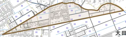字代野とその周辺の地図。町の範囲を重ねている