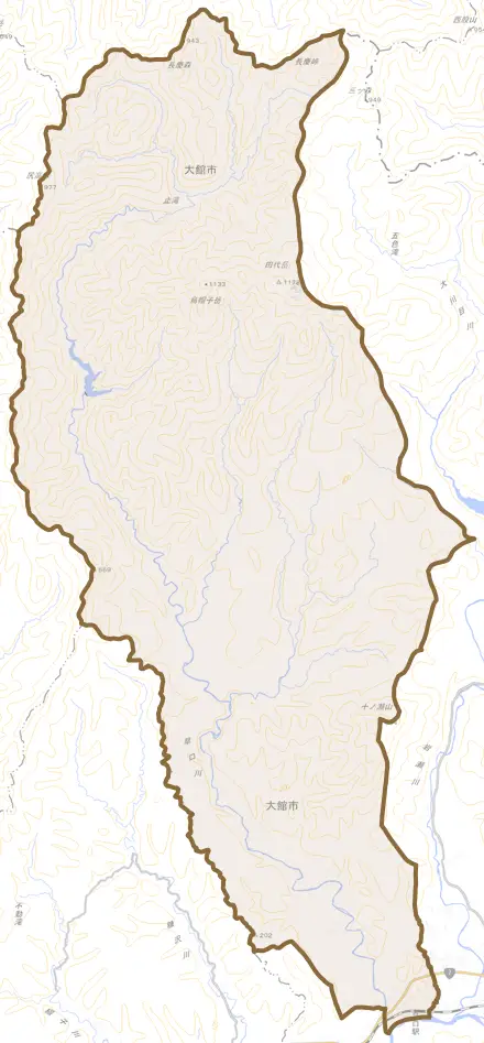 早口とその周辺の地図。町の範囲を重ねている