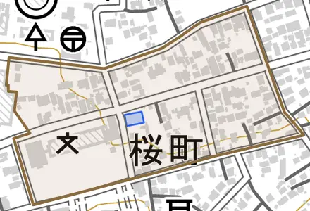 字部垂町とその周辺の地図。町の範囲を重ねている