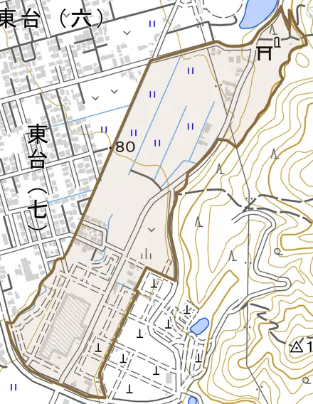 字東台とその周辺の地図。町の範囲を重ねている
