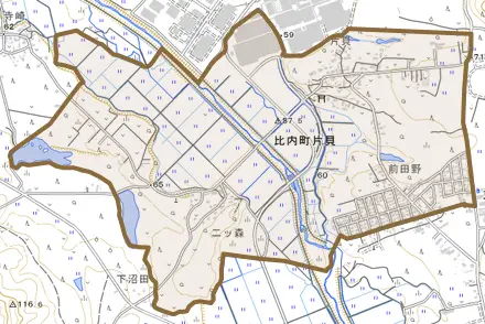 比内町片貝とその周辺の地図。町の範囲を重ねている