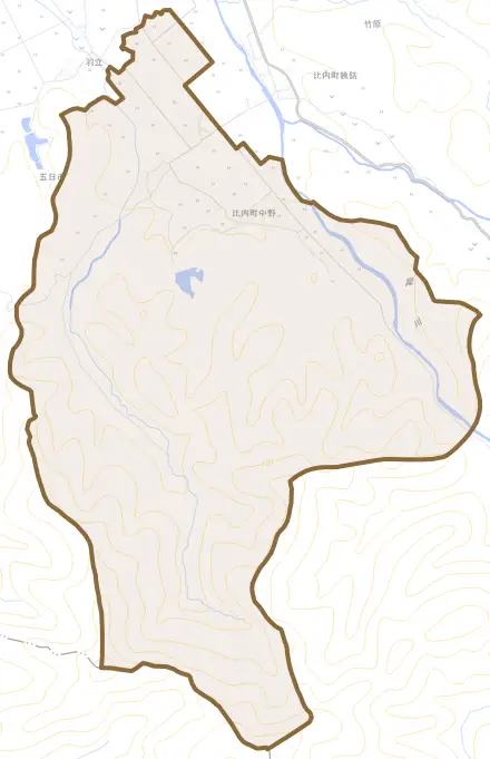 比内町中野とその周辺の地図。町の範囲を重ねている