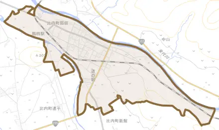 比内町扇田とその周辺の地図。町の範囲を重ねている