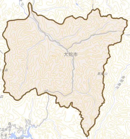 比内町大葛とその周辺の地図。町の範囲を重ねている
