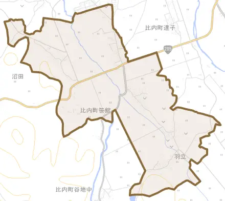比内町笹館とその周辺の地図。町の範囲を重ねている