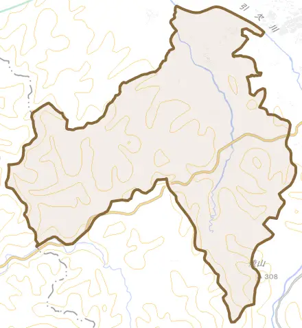 比内町八木橋とその周辺の地図。町の範囲を重ねている