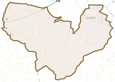 比内前田とその周辺の地図。町の範囲を重ねている