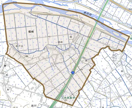櫃崎とその周辺の地図。町の範囲を重ねている