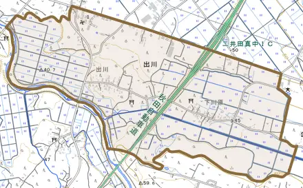 出川とその周辺の地図。町の範囲を重ねている