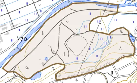 字一本杉とその周辺の地図。町の範囲を重ねている